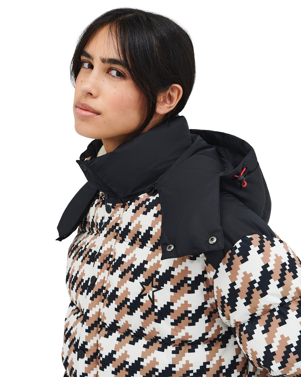 Perfect Moment Women's Houndstooth Moment Puffer - Camel, Black & White