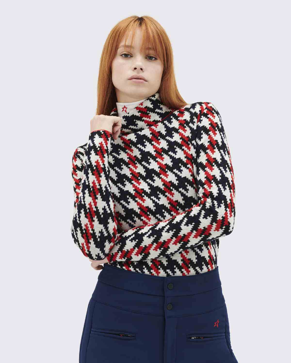 Perfect Moment Houndstooth Merino Wool Turtleneck - Red, White & Navy