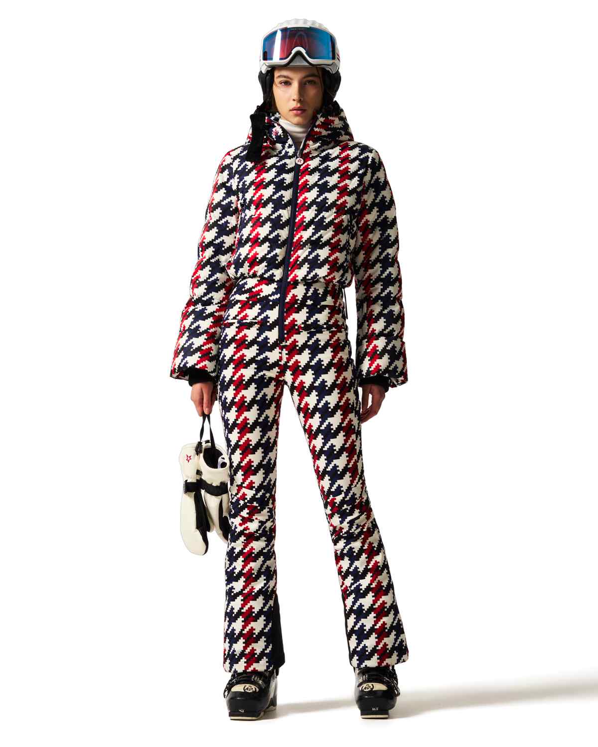 Perfect Moment Women's Polar Flare Ski Suit - Red, White and Navy Houndstooth