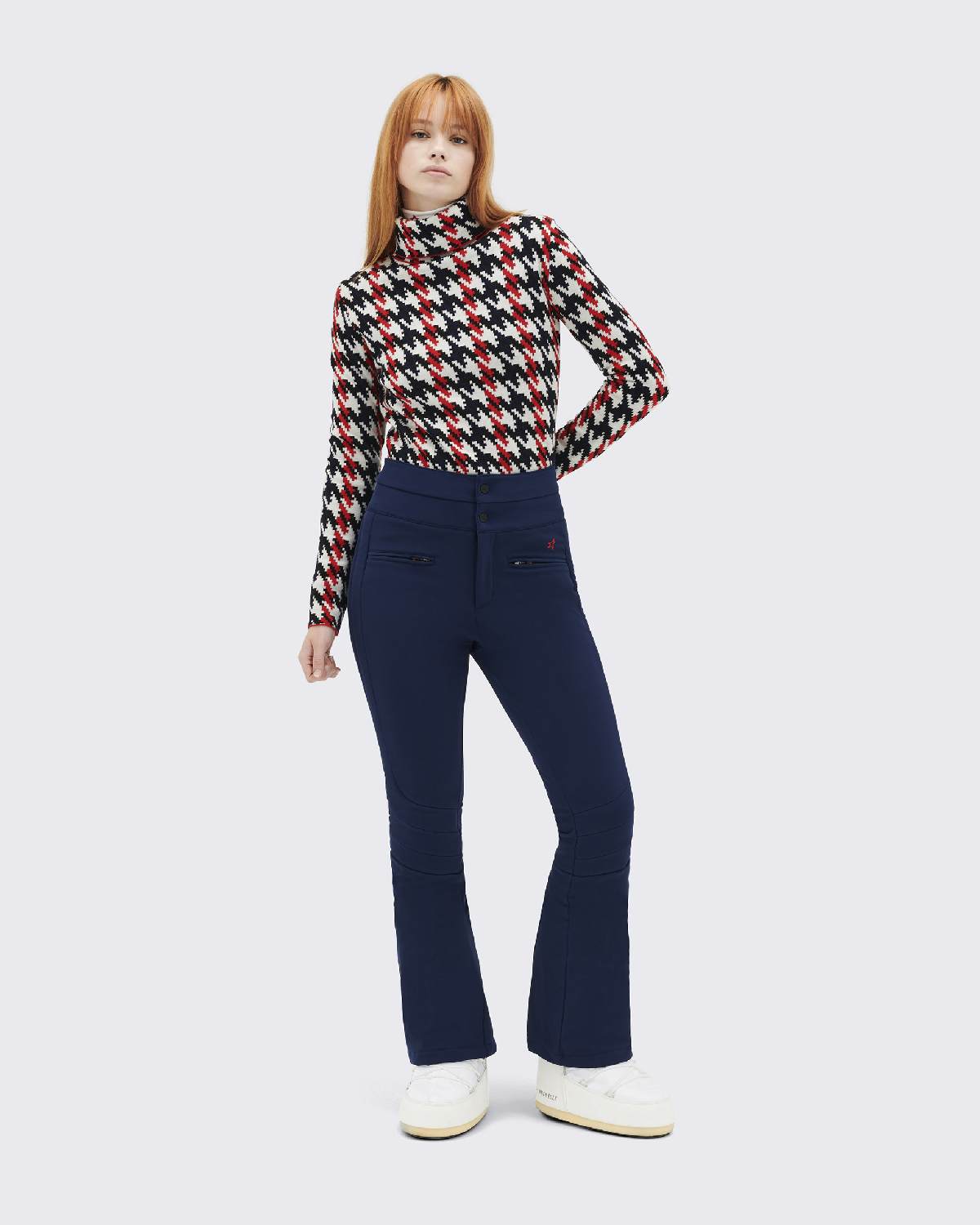 Perfect Moment Houndstooth Merino Wool Turtleneck - Red, White & Navy