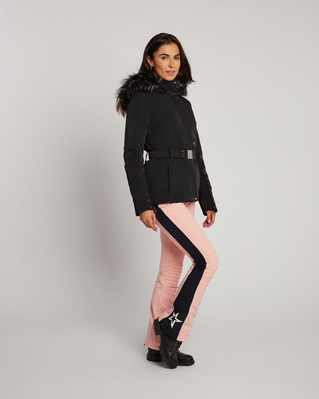 Poivre Blanc Black stretch ski jacket with faux fur
