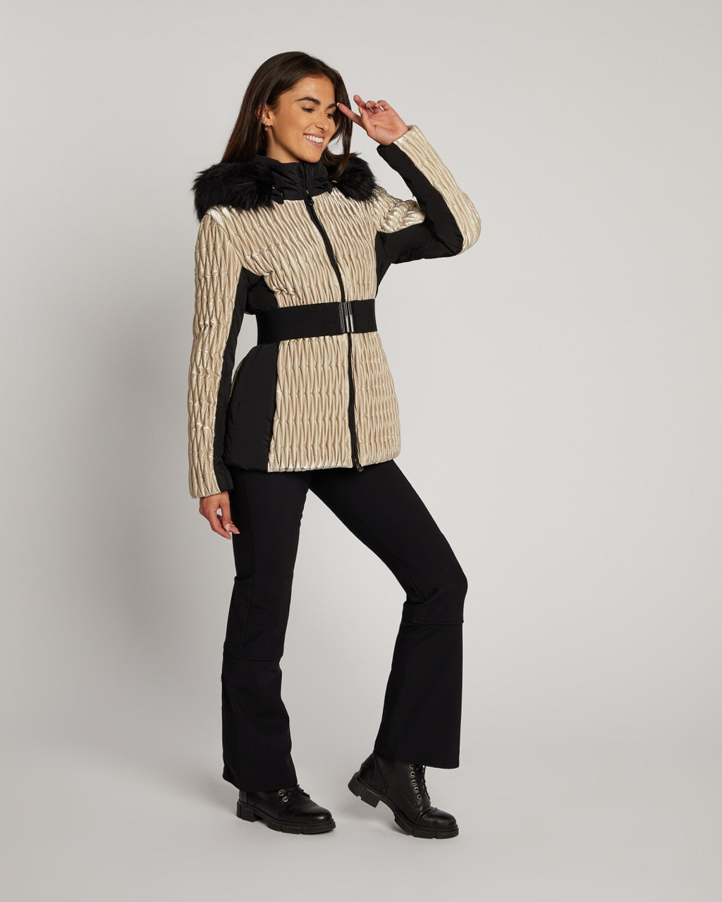 Poivre Blanc White and Black Stretch Ski Jacket with Hood and Belt